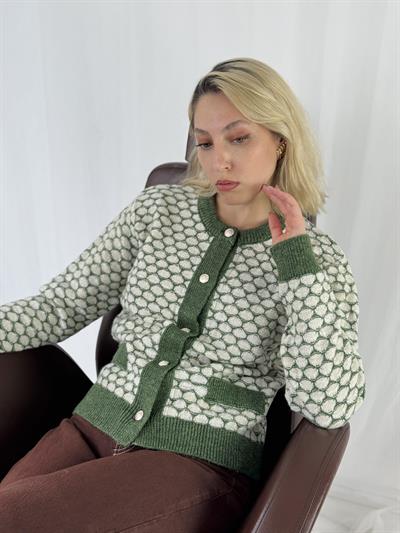 Retrobird Hafif Simli Retro Model Önden Düğmeli Yeşil Hırka