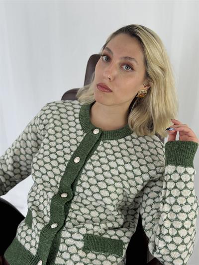 Retrobird Hafif Simli Retro Model Önden Düğmeli Yeşil Hırka