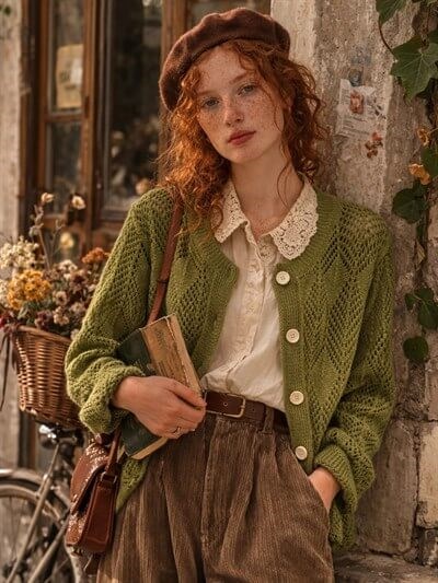 Retrobird Khaki Perforated Spring Cardigan