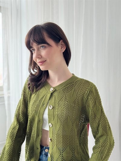 Retrobird Khaki Perforated Spring Cardigan