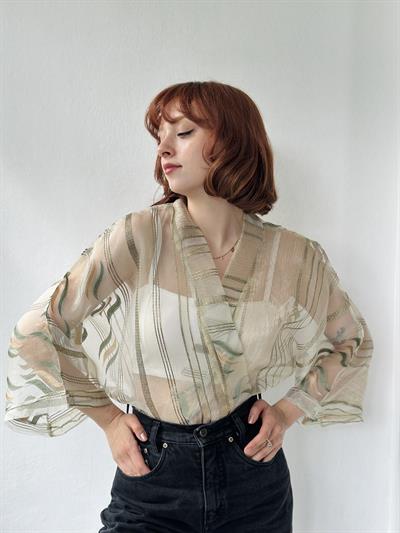 Retrobird Pine Green Organza Design Mini Kimono