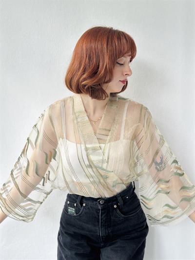 Retrobird Pine Green Organza Design Mini Kimono