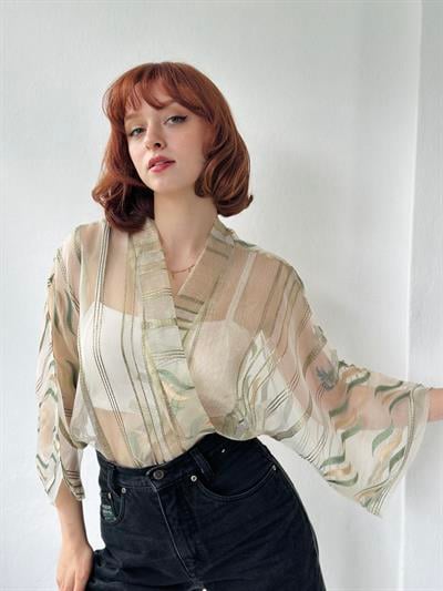 Retrobird Pine Green Organza Design Mini Kimono