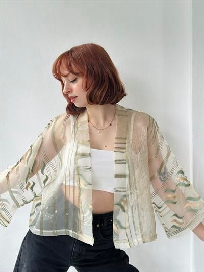 Retrobird Pine Green Organza Design Mini Kimono
