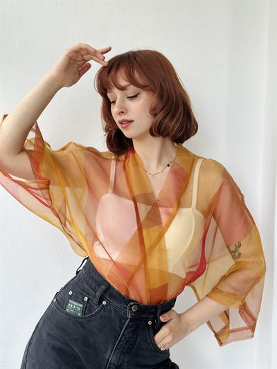Retrobird Orange Organza Design Mini Kimono