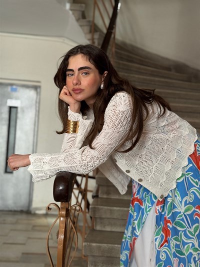 Retrobird Fine Textured Openwork Ecru Cardigan