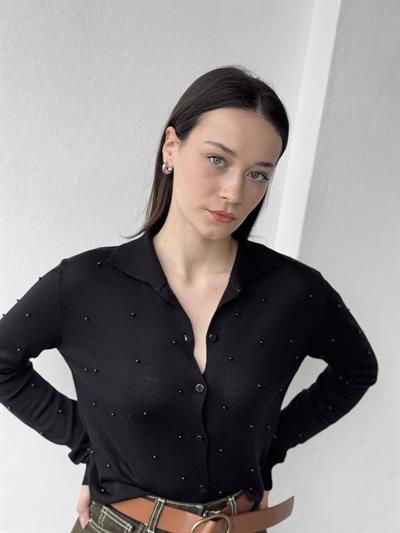 Retrobird İncili Fit İnce Siyah Hırka