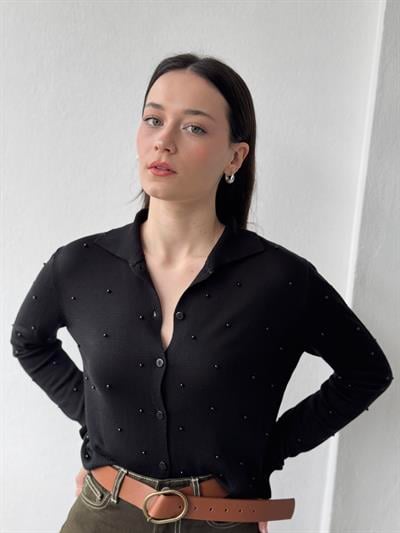 Retrobird İncili Fit İnce Siyah Hırka