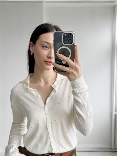 Retrobird İncili Fit İnce Ekru Hırka