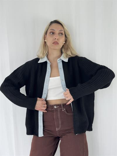 Retrobird Jean Şertli Rahat Kalıp Fitilli Siyah Hırka