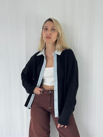 Retrobird Jean Şertli Rahat Kalıp Fitilli Siyah Hırka