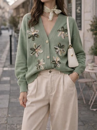 Retrobird Embossed Applique Embroidered Light Green Romantic Cardigan