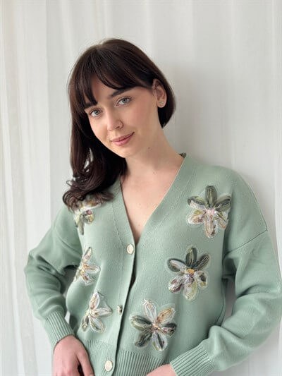 Retrobird Embossed Applique Embroidered Light Green Romantic Cardigan