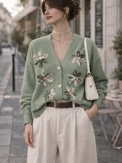 Retrobird Embossed Applique Embroidered Light Green Romantic Cardigan