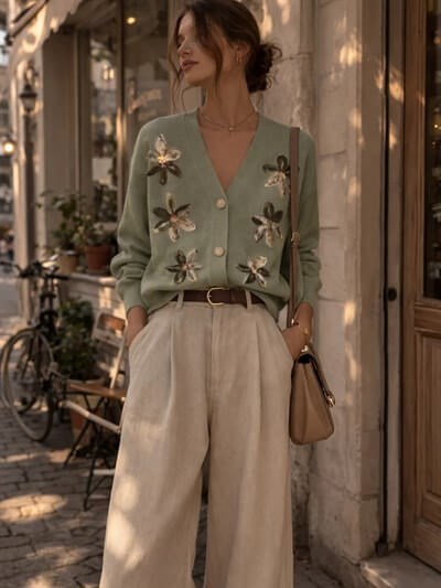 Retrobird Embossed Applique Embroidered Light Green Romantic Cardigan