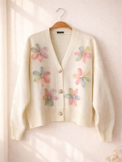 Retrobird Embossed Applique Embroidered Multicolored Romantic Cardigan