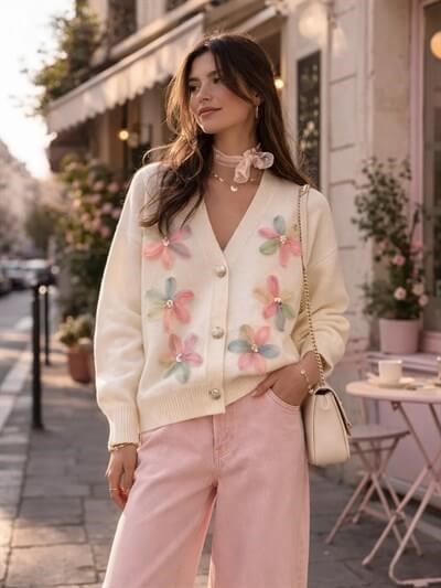 Retrobird Embossed Applique Embroidered Multicolored Romantic Cardigan