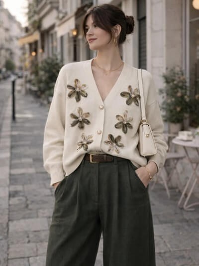 Retrobird Embossed Applique Embroidered Khaki Romantic Cardigan