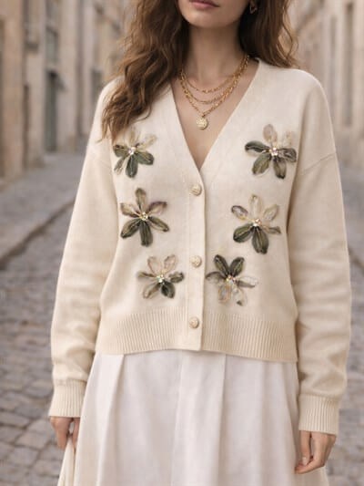 Retrobird Embossed Applique Embroidered Khaki Romantic Cardigan