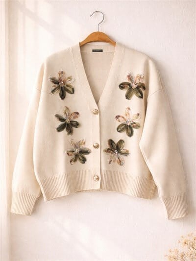 Retrobird Embossed Applique Embroidered Khaki Romantic Cardigan