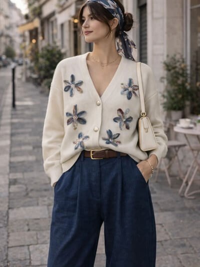 Retrobird Embossed Applique Embroidered Dark Blue Romantic Cardigan