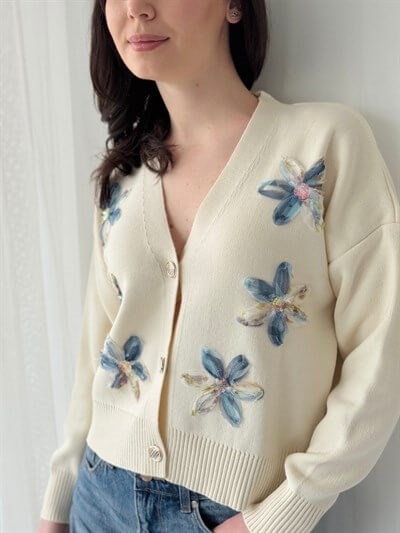 Retrobird Embossed Applique Embroidered Dark Blue Romantic Cardigan