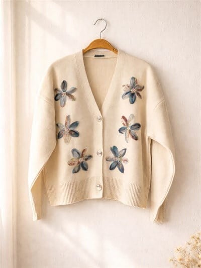 Retrobird Embossed Applique Embroidered Dark Blue Romantic Cardigan