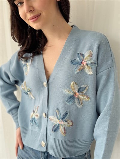 Retrobird Embossed Applique Embroidered Blue Romantic Cardigan