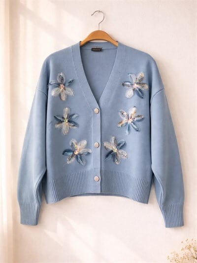 Retrobird Embossed Applique Embroidered Blue Romantic Cardigan