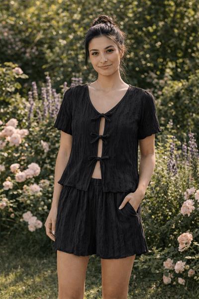 Retrobird Womens Black Pajama Set with Crinkle Fabric Shorts – Summer Loungewear