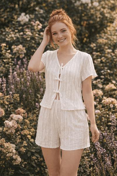 Retrobird Womens White Pajama Set with Crinkle Fabric Shorts – Summer Loungewear