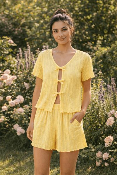 Retrobird Womens Yellow Pajama Set with Crinkle Fabric Shorts – Summer Loungewear