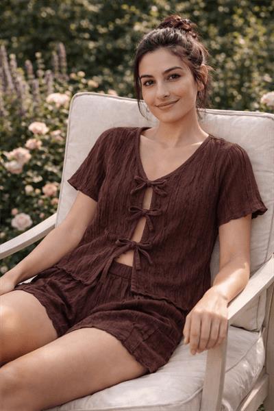 Retrobird Womens Crepe Fabric Shorts and Brown Pajama Set – Summer Loungewear