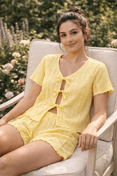 Retrobird Womens Yellow Pajama Set with Crinkle Fabric Shorts – Summer Loungewear
