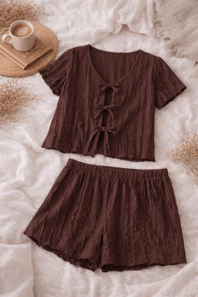 Retrobird Womens Crepe Fabric Shorts and Brown Pajama Set – Summer Loungewear