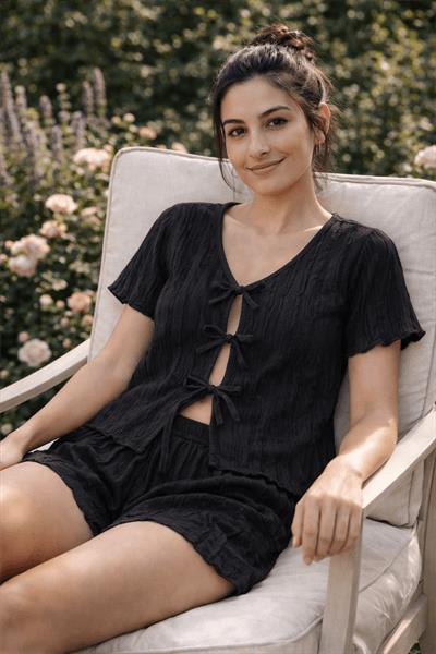 Retrobird Womens Black Pajama Set with Crinkle Fabric Shorts – Summer Loungewear