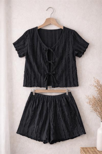 Retrobird Womens Black Pajama Set with Crinkle Fabric Shorts – Summer Loungewear