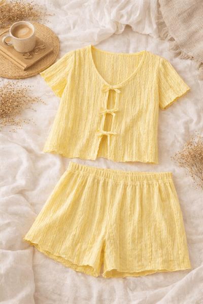 Retrobird Womens Yellow Pajama Set with Crinkle Fabric Shorts – Summer Loungewear