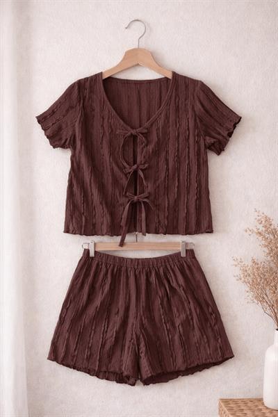 Retrobird Womens Crepe Fabric Shorts and Brown Pajama Set – Summer Loungewear