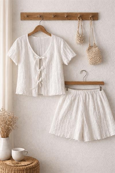 Retrobird Womens White Pajama Set with Crinkle Fabric Shorts – Summer Loungewear