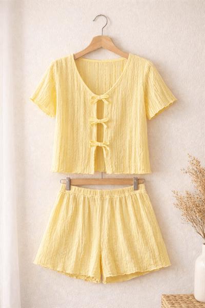 Retrobird Womens Yellow Pajama Set with Crinkle Fabric Shorts – Summer Loungewear
