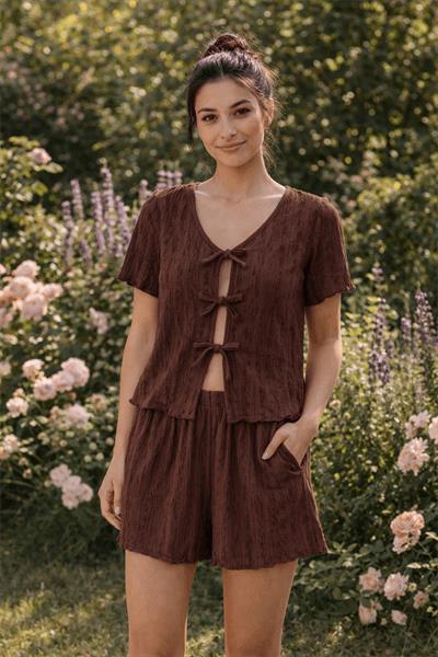 Retrobird Womens Crepe Fabric Shorts and Brown Pajama Set – Summer Loungewear