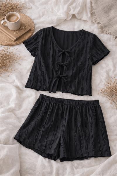 Retrobird Womens Black Pajama Set with Crinkle Fabric Shorts – Summer Loungewear