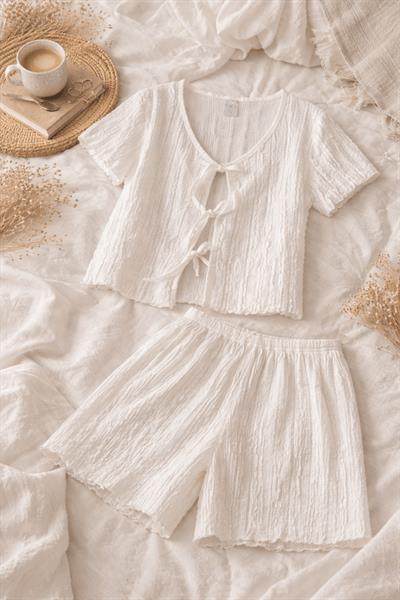 Retrobird Womens White Pajama Set with Crinkle Fabric Shorts – Summer Loungewear