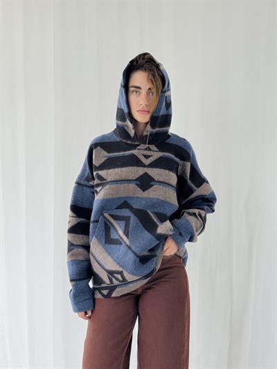 Retrobird Thick Cashmere Winter Oversize Indigo Unisex Hooded Sweatshirt