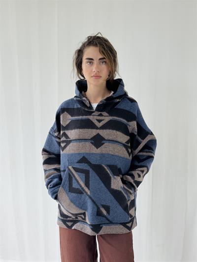 Retrobird Thick Cashmere Winter Oversize Indigo Unisex Hooded Sweatshirt