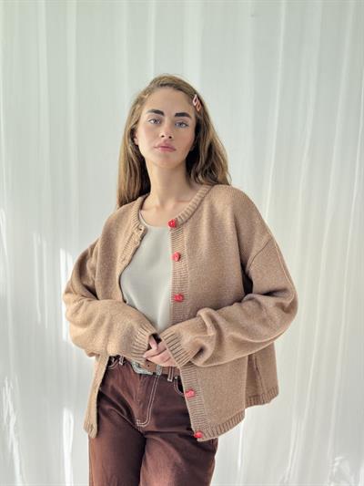 Retrobird Kalp Düğmeli Camel Simli Hırka