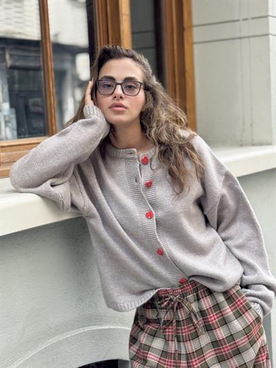 Retrobird Kalp Düğmeli Gri Simli Hırka