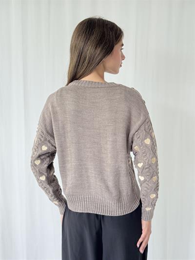 Retrobird Kalp Nakışlı Kum Kısa Triko Kazak