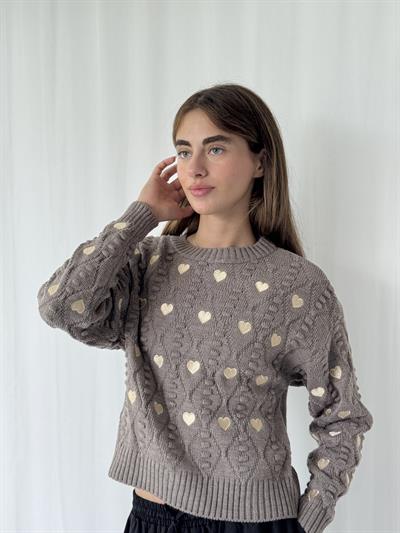 Retrobird Kalp Nakışlı Kum Kısa Triko Kazak